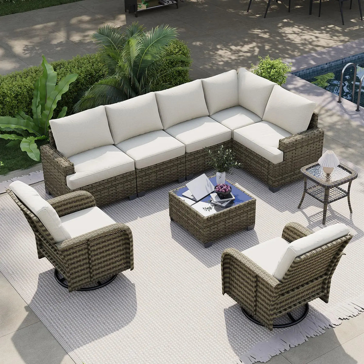 AOXUN Outdoor Wicker Patio Sectional Set With Cushioned Rocker Chairs