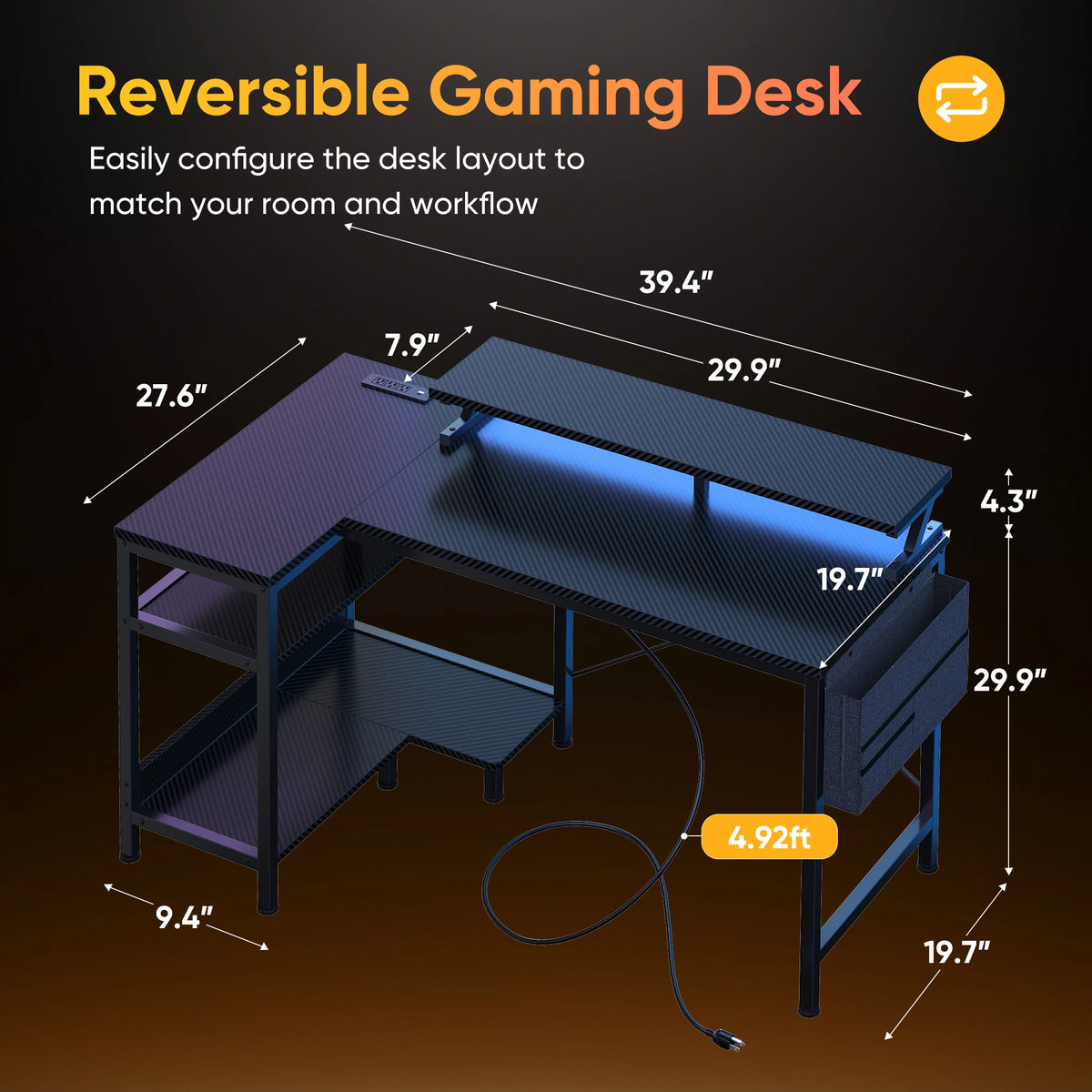 JHK L Shaped Computer Desk With Storage Shelves USB Charging
