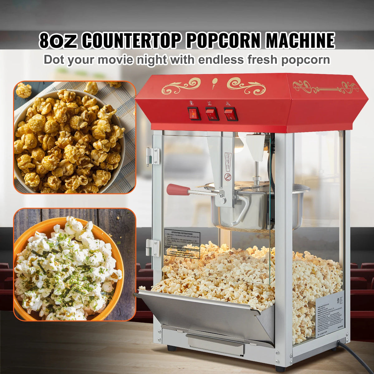 SucceBuy Countertop Popcorn Maker With Tempered Glass Movie Theater Style