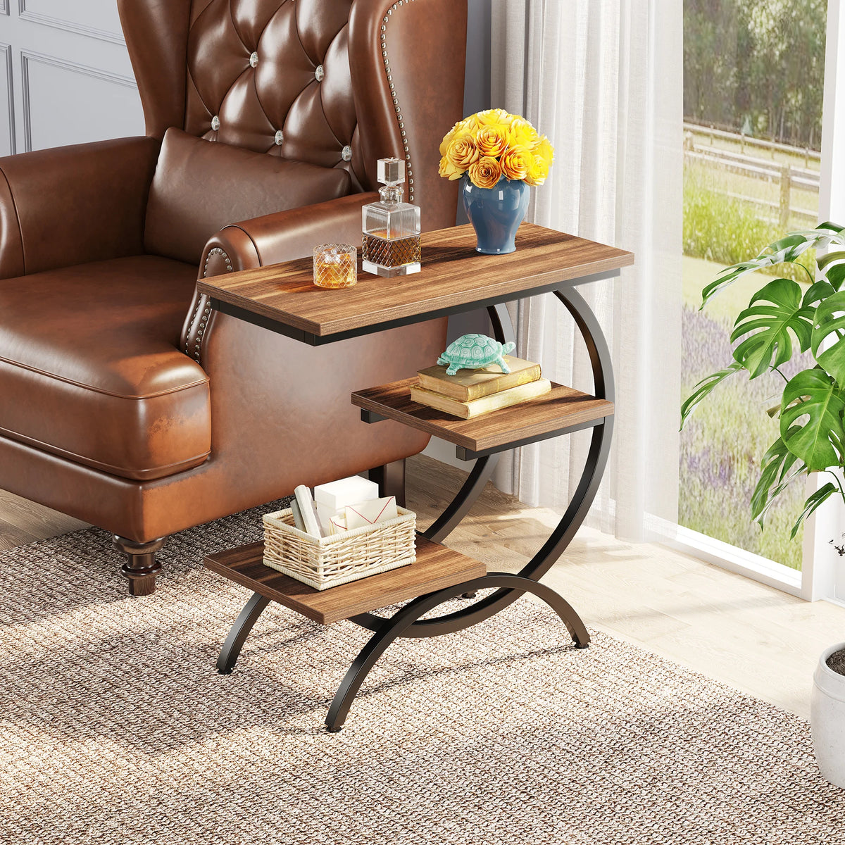 Tribesigns C Shaped End Table With Three Tier Storage Shelves