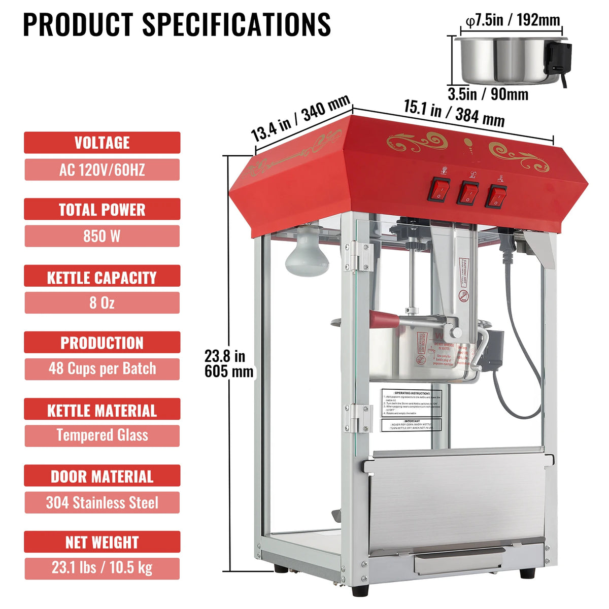 SucceBuy Countertop Popcorn Maker With Tempered Glass Movie Theater Style