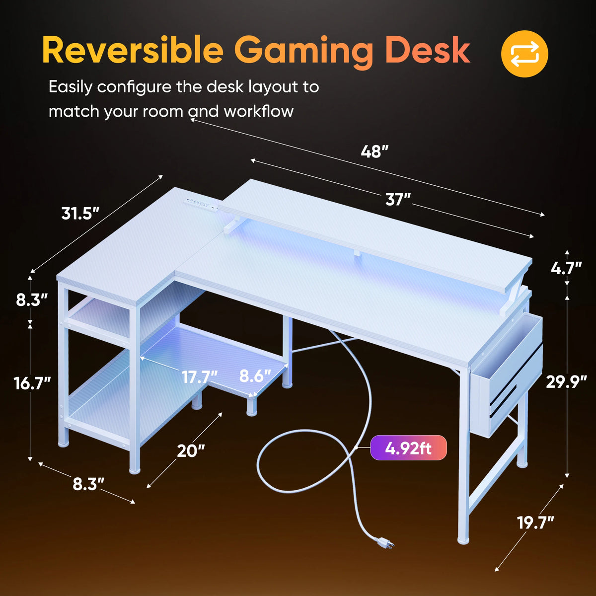 JHK L Shaped Computer Desk With Storage Shelves USB Charging