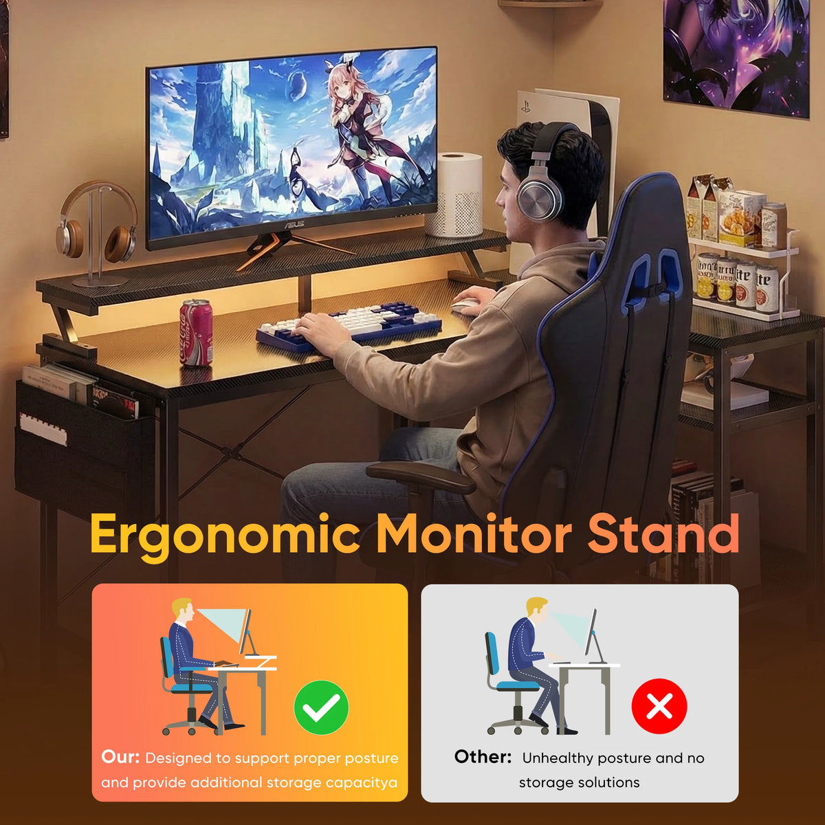 JHK L Shaped Computer Desk With Storage Shelves USB Charging