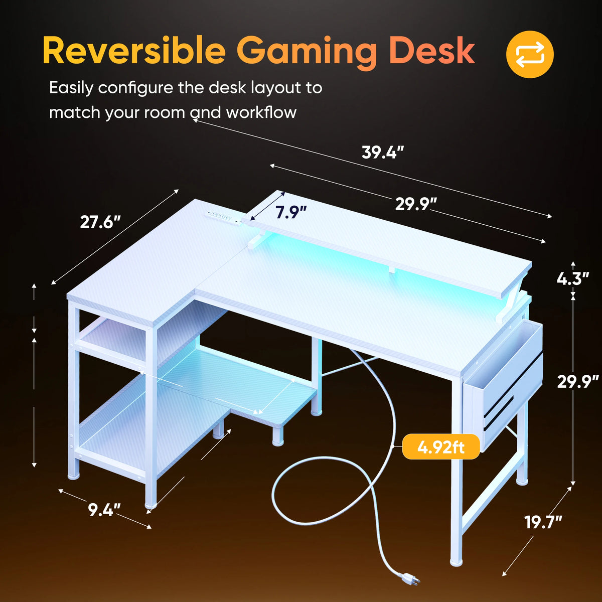 JHK L Shaped Computer Desk With Storage Shelves USB Charging