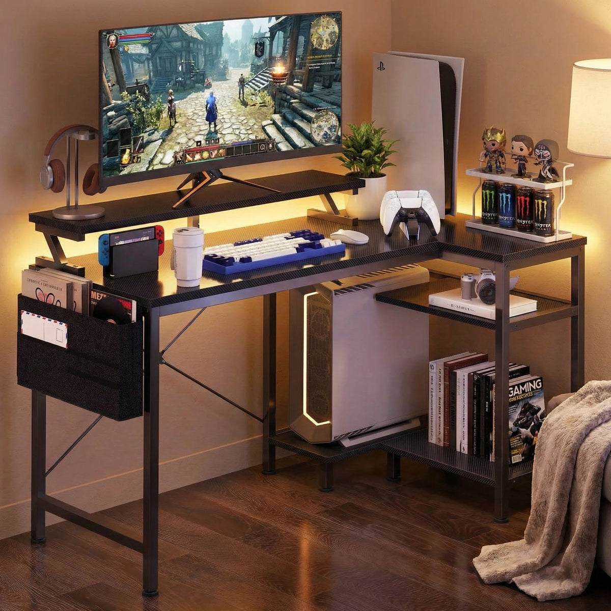 JHK L Shaped Computer Desk With Storage Shelves USB Charging