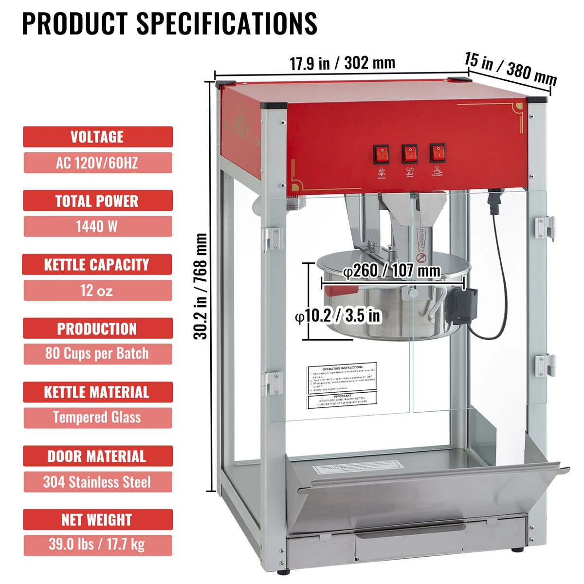 SucceBuy Countertop Popcorn Maker With Tempered Glass Movie Theater Style