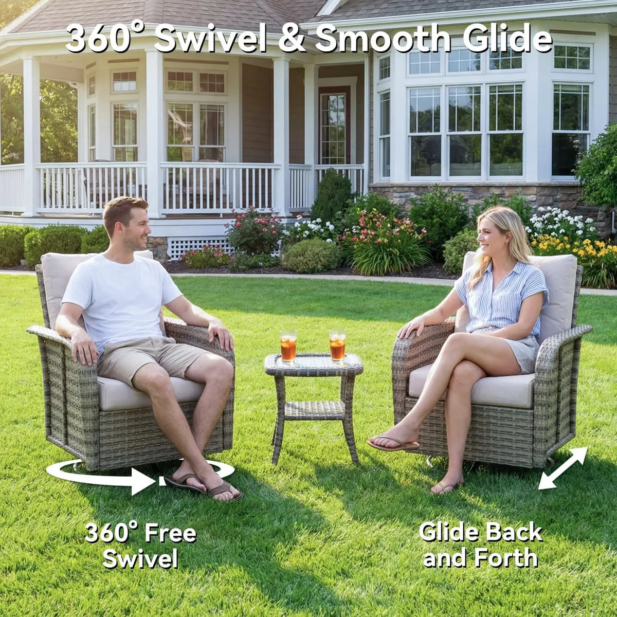 AOXUN Outdoor Wicker Patio Sectional Set With Cushioned Rocker Chairs