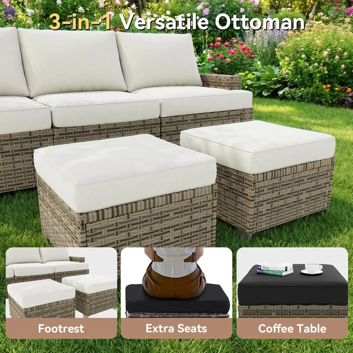AOXUN Outdoor Wicker Patio Sectional Set With Cushioned Rocker Chairs