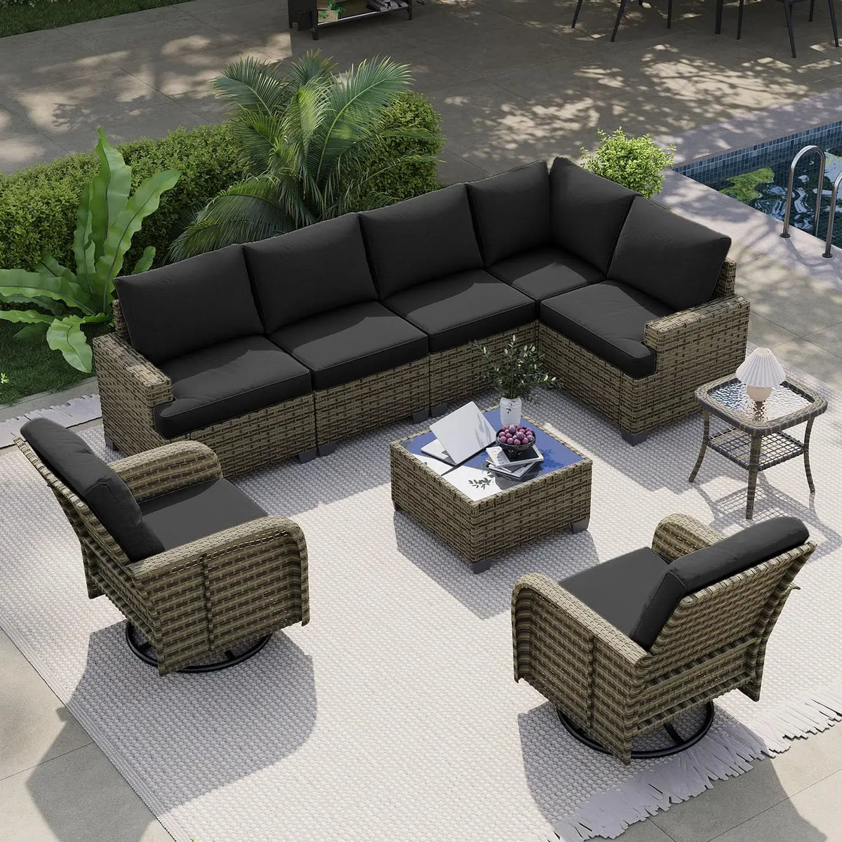 AOXUN Outdoor Wicker Patio Sectional Set With Cushioned Rocker Chairs