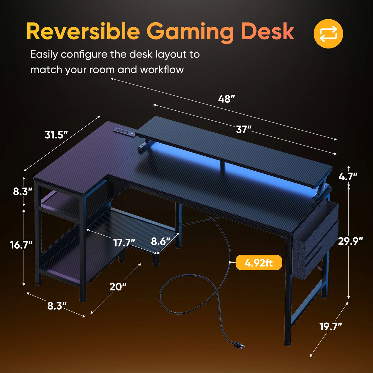 JHK L Shaped Computer Desk With Storage Shelves USB Charging