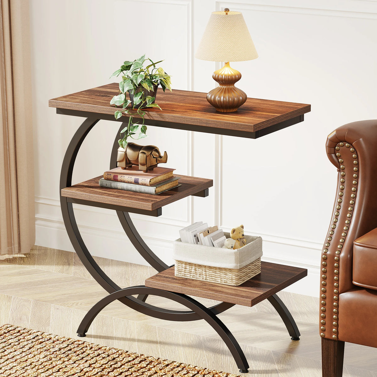 Tribesigns Industrial C Shaped End Table With Tiered Storage Shelves