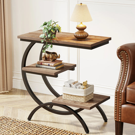 Tribesigns C Shaped End Table With Three Tier Storage Shelves