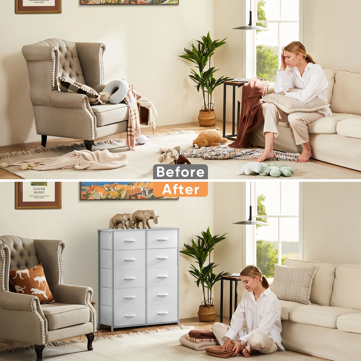 JHK Modern Bedroom Wardrobe Storage Cabinet With Fabric Drawers