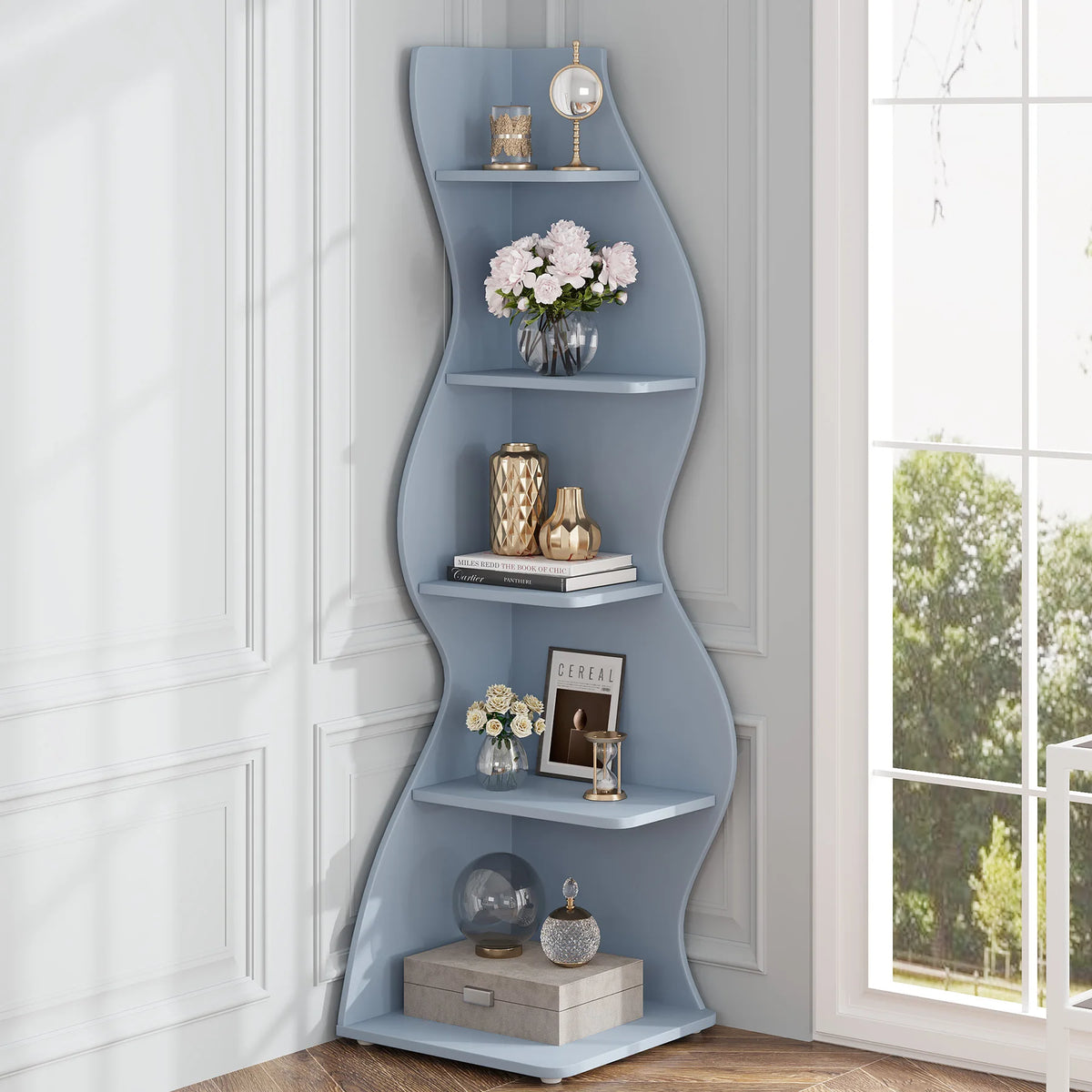 Tribesigns Modern Five Tier Corner Shelf Wall Storage Bookcase Plant Stand