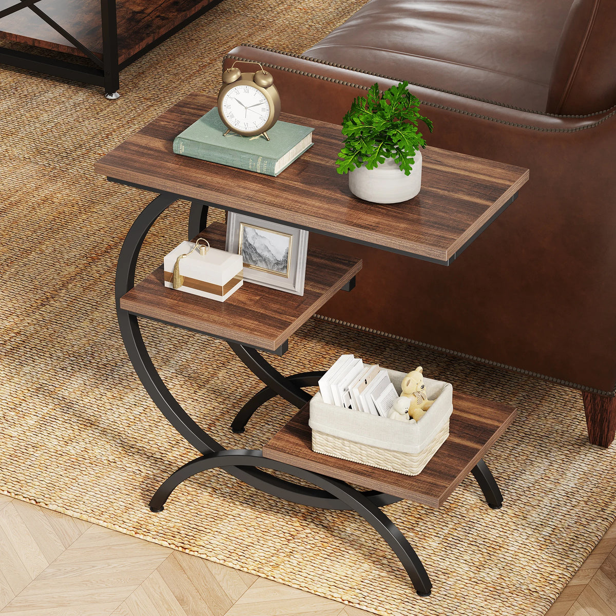 Tribesigns Industrial C Shaped End Table With Tiered Storage Shelves