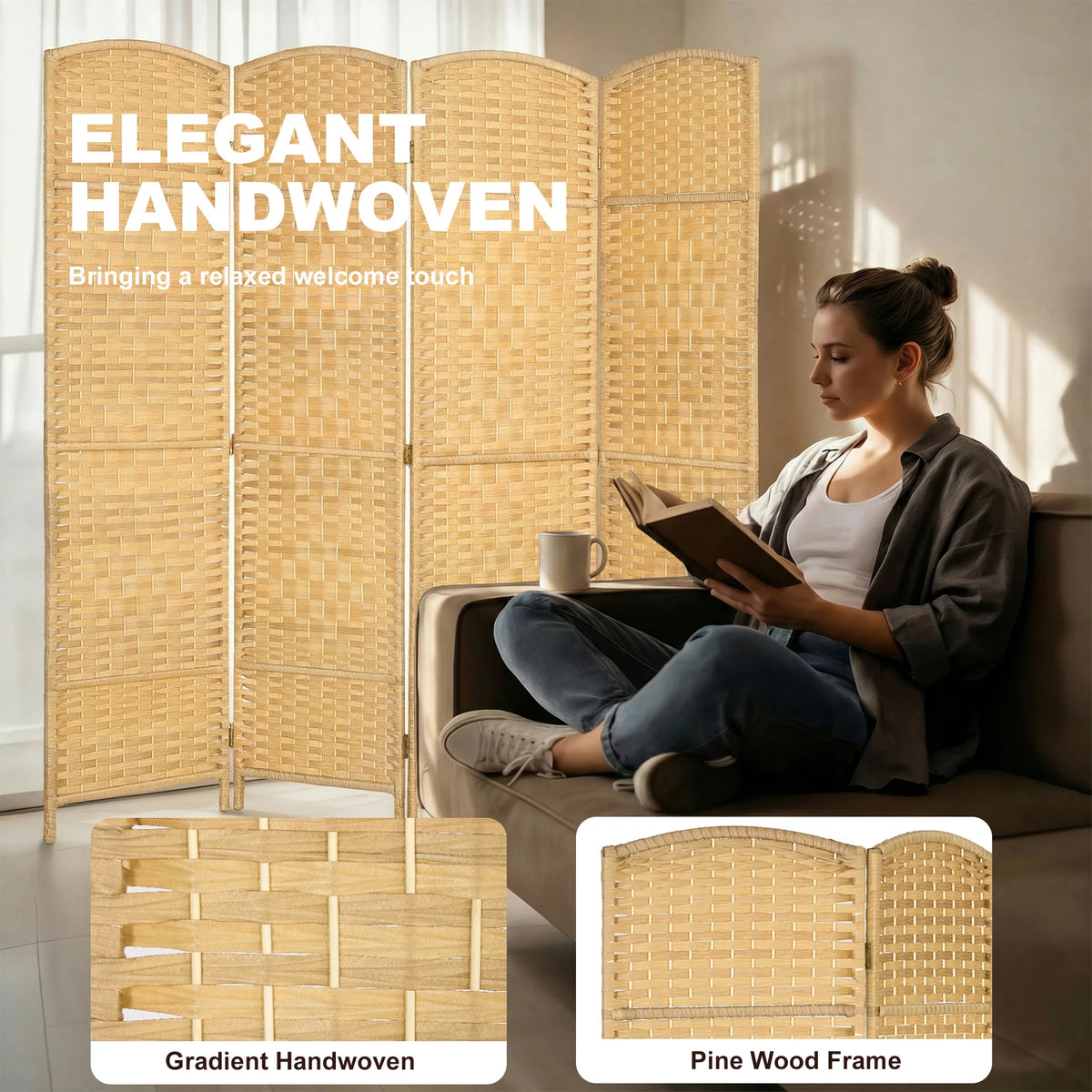 HOMCOM Folding Room Divider Privacy Screen with Woven Panel