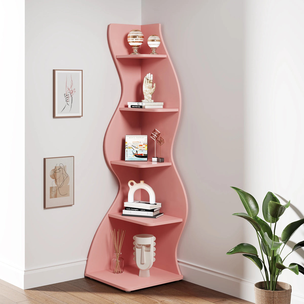 Tribesigns Modern Five Tier Corner Shelf Wall Storage Bookcase Plant Stand