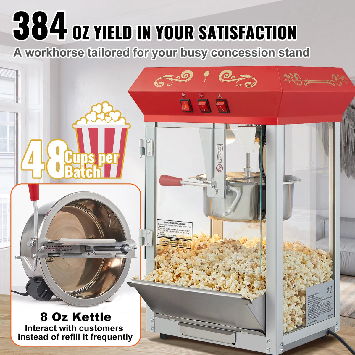 SucceBuy Countertop Popcorn Maker With Tempered Glass Movie Theater Style