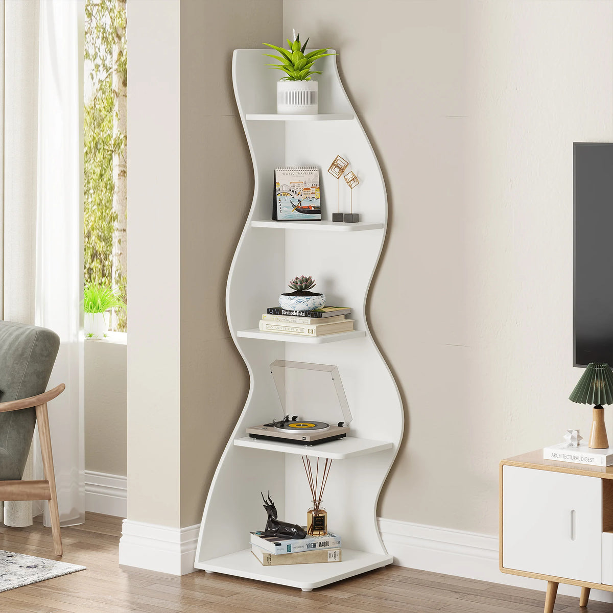 Tribesigns Modern Five Tier Corner Shelf Wall Storage Bookcase Plant Stand