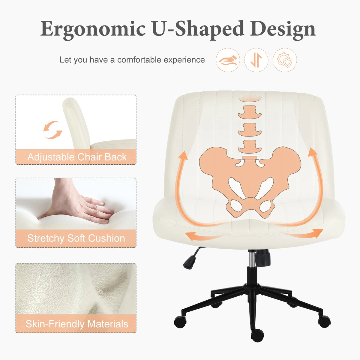 JHK Armless Office Chair With Wheels And Adjustable Height