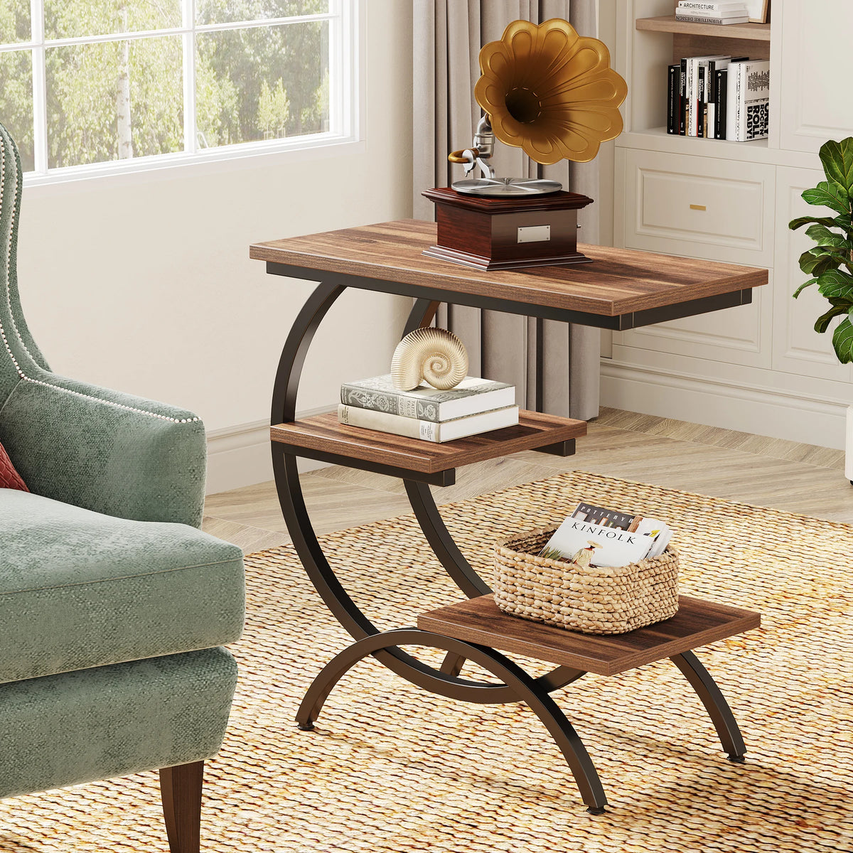 Tribesigns C Shaped End Table With Three Tier Storage Shelves