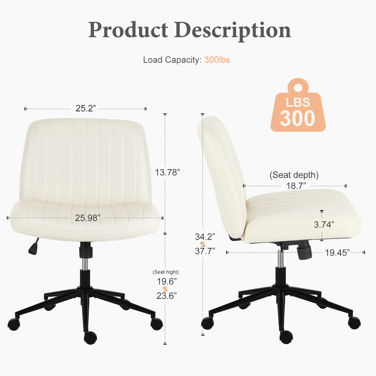 JHK Armless Office Chair With Wheels And Adjustable Height