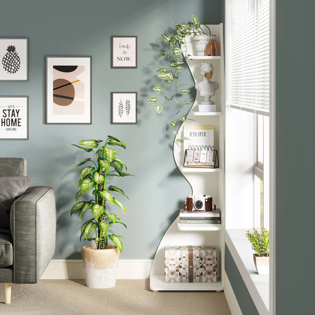 Tribesigns Modern Five Tier Corner Shelf Wall Storage Bookcase Plant Stand