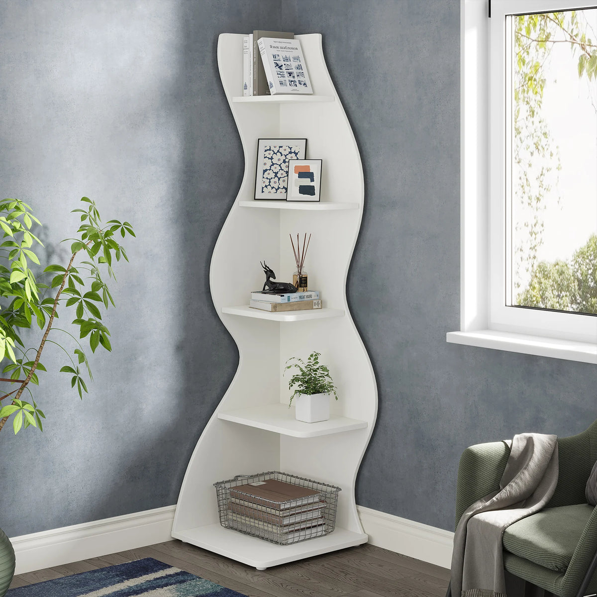 Tribesigns Modern Five Tier Corner Shelf Wall Storage Bookcase Plant Stand